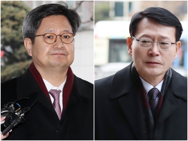 부당노동행위로 재판에 넘겨진 김장겸(왼쪽), 안광한 전 MBC 사장이 19일 유죄를 선고받았다. (뉴시스) 