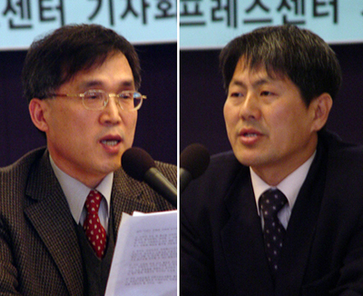발제를 맡은 임영호 교수(왼쪽)와 신학림 전국언론노조 위원장.